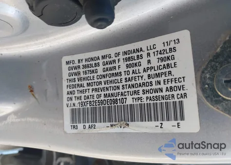 2013 Honda Civic Lx из США, поврежденный, VIN 19XFB2E59DE098107